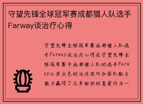 守望先锋全球冠军赛成都猎人队选手Farway谈治疗心得