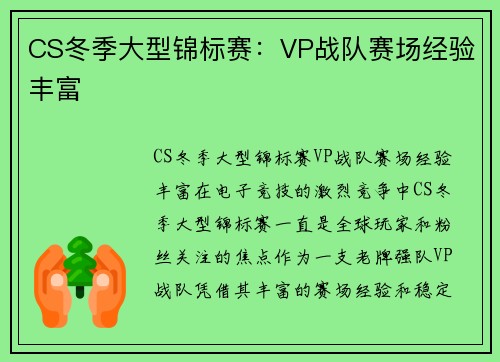 CS冬季大型锦标赛：VP战队赛场经验丰富
